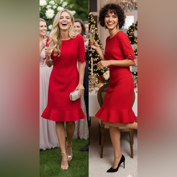 NWT Ivanka Trump Red Ruffle Hem Lace-up Sleeves Valentine’s Day Mini Dress Size4 - Picture 3 of 14